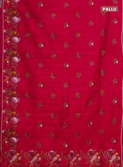 Semi raw silk saree dark pink with embroidery work buttas and parrot design embroidery butta border