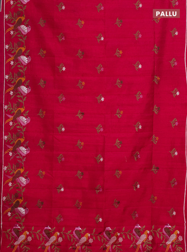 Semi raw silk saree dark pink with embroidery work buttas and parrot design embroidery butta border