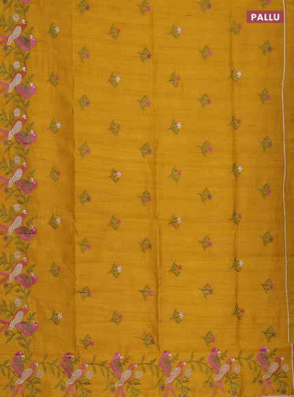 Semi raw silk saree mustard yellow with embroidery work buttas and parrot design embroidery butta border