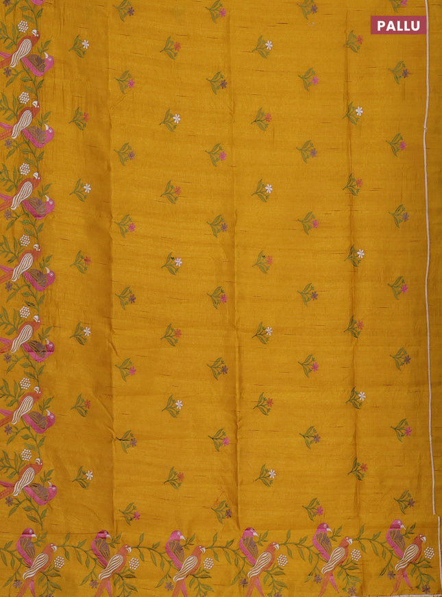 Semi raw silk saree mustard yellow with embroidery work buttas and parrot design embroidery butta border
