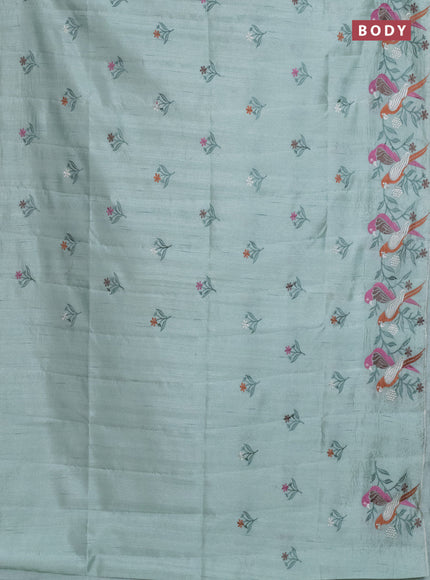 Semi raw silk saree pastel green with embroidery work buttas and parrot design embroidery butta border