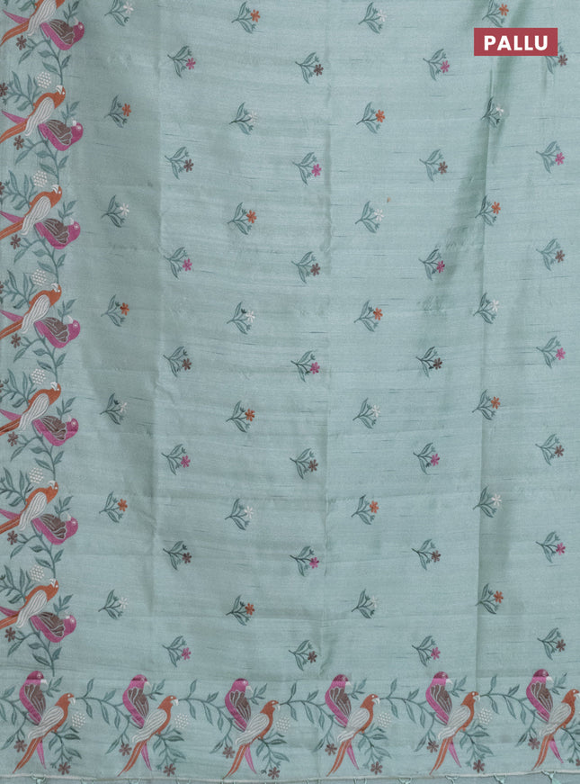 Semi raw silk saree pastel green with embroidery work buttas and parrot design embroidery butta border