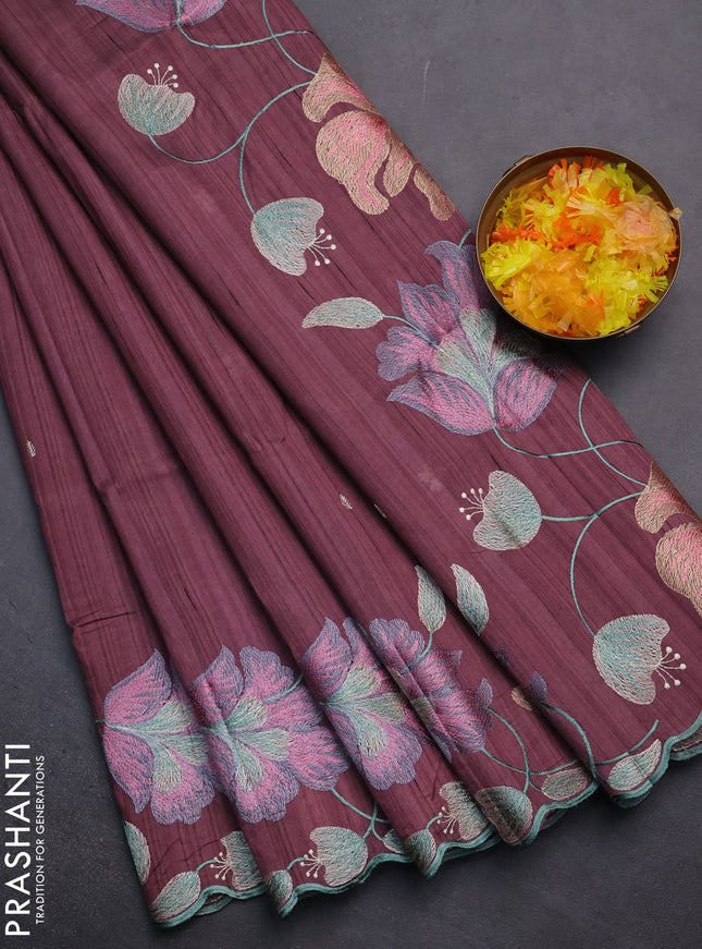 Semi raw silk saree rosy brown with embroidery work buttas and floral embroidery border