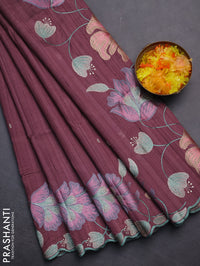 Semi raw silk saree rosy brown with embroidery work buttas and floral embroidery border