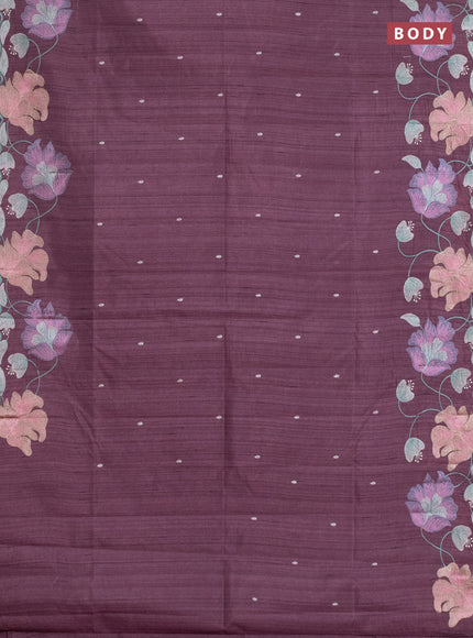 Semi raw silk saree rosy brown with embroidery work buttas and floral embroidery border