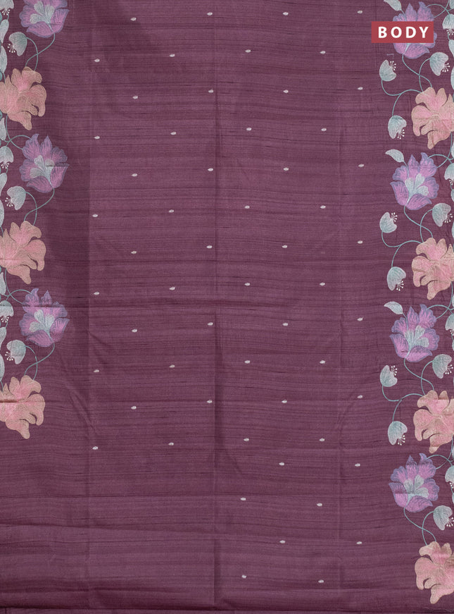 Semi raw silk saree rosy brown with embroidery work buttas and floral embroidery border