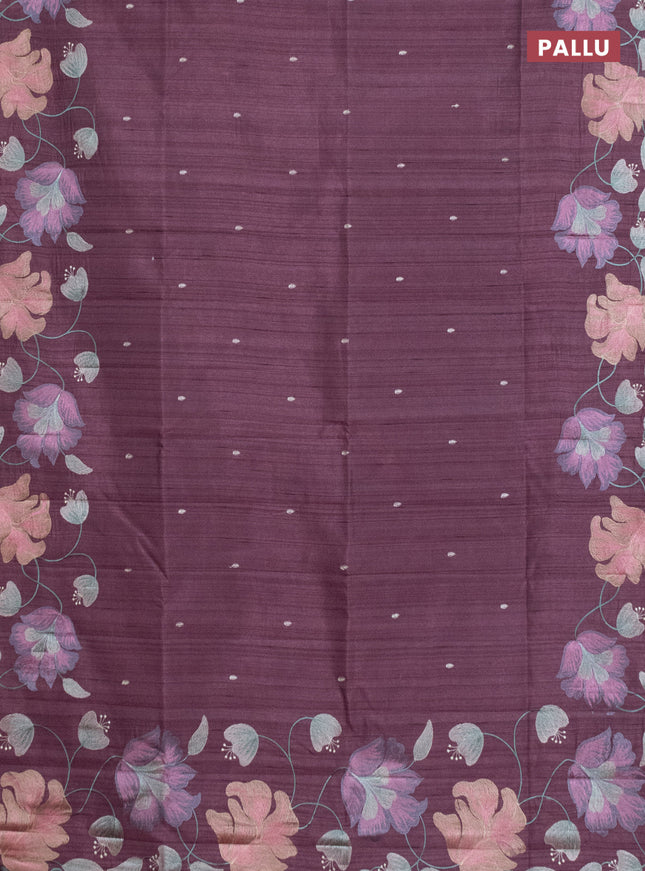 Semi raw silk saree rosy brown with embroidery work buttas and floral embroidery border