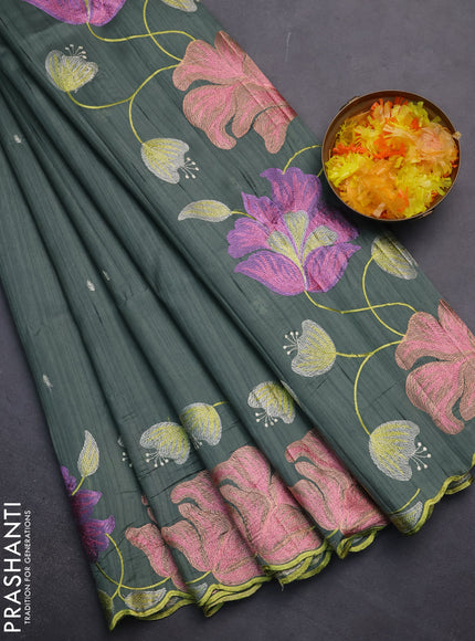 Semi raw silk saree greyish green with embroidery work buttas and floral embroidery border