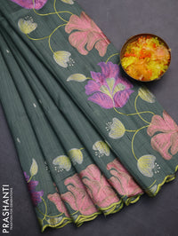 Semi raw silk saree greyish green with embroidery work buttas and floral embroidery border