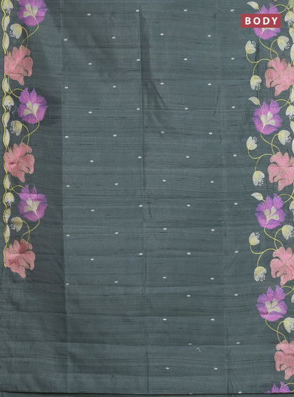 Semi raw silk saree greyish green with embroidery work buttas and floral embroidery border