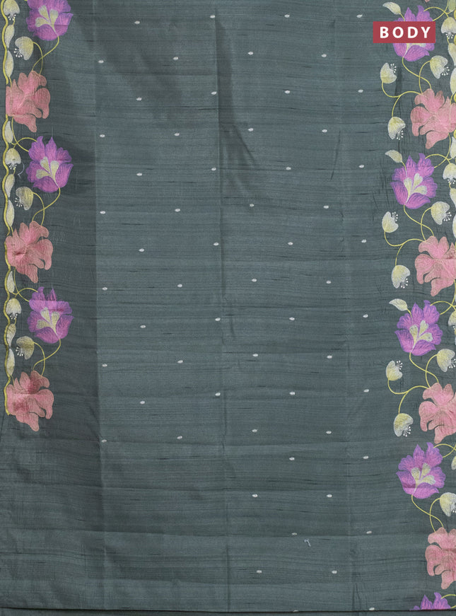 Semi raw silk saree greyish green with embroidery work buttas and floral embroidery border