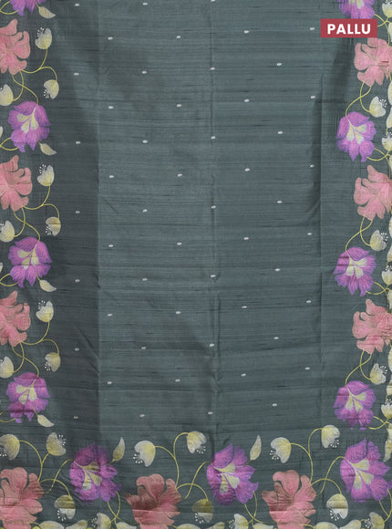 Semi raw silk saree greyish green with embroidery work buttas and floral embroidery border