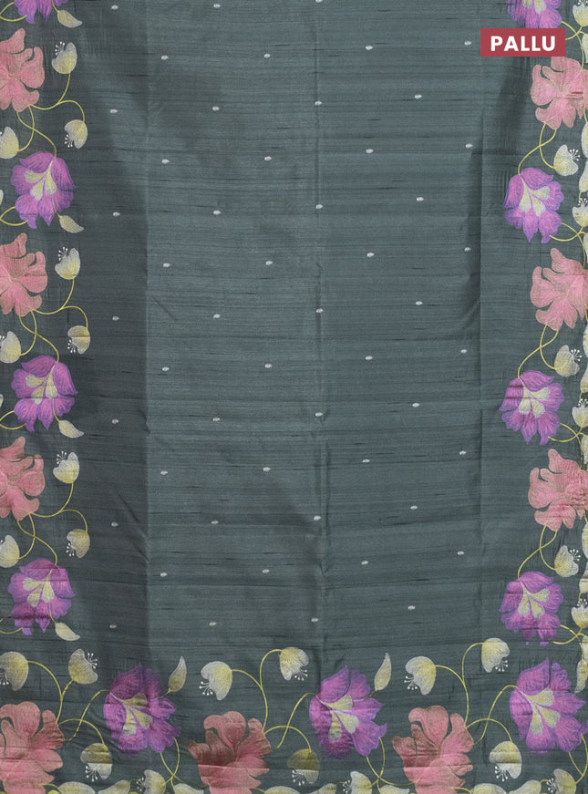 Semi raw silk saree greyish green with embroidery work buttas and floral embroidery border