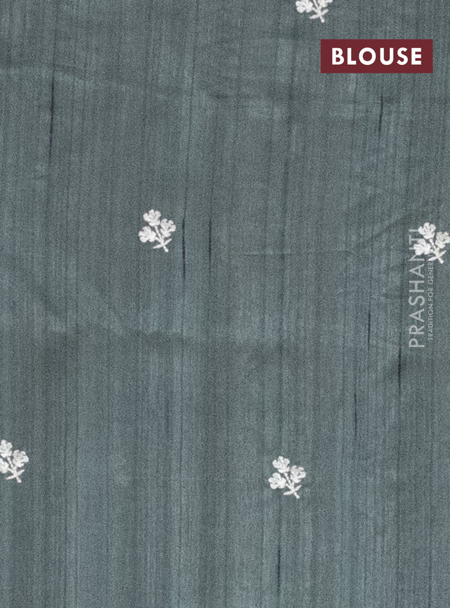 Semi raw silk saree greyish green with embroidery work buttas and floral embroidery border
