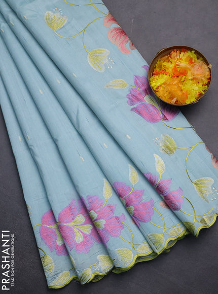 Semi raw silk saree pastel blue with embroidery work buttas and floral embroidery border