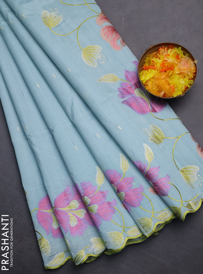 Semi raw silk saree pastel blue with embroidery work buttas and floral embroidery border