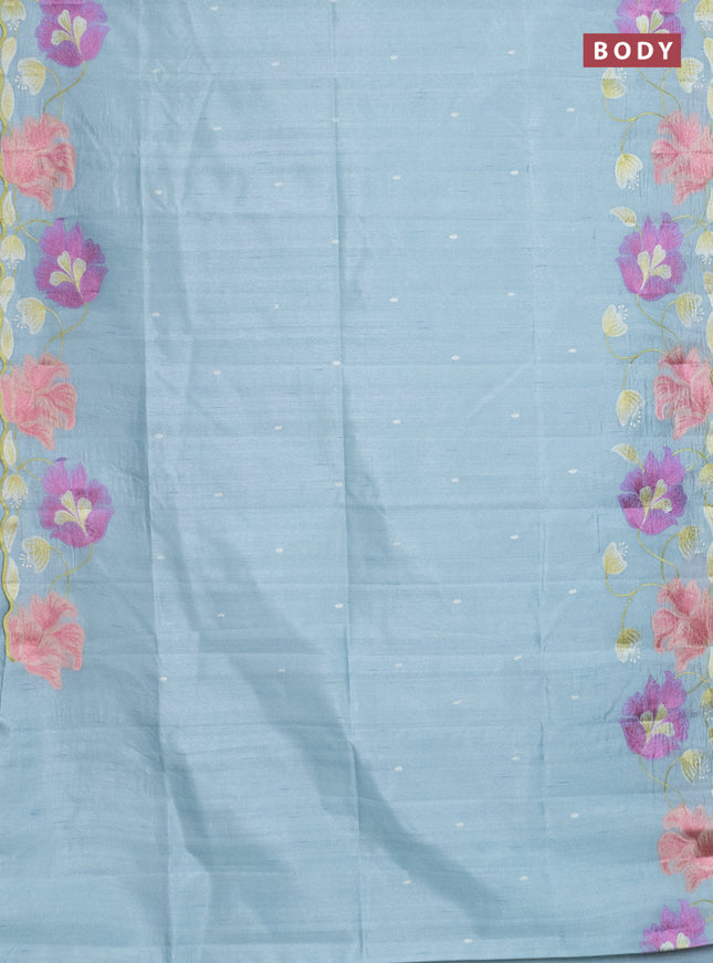Semi raw silk saree pastel blue with embroidery work buttas and floral embroidery border
