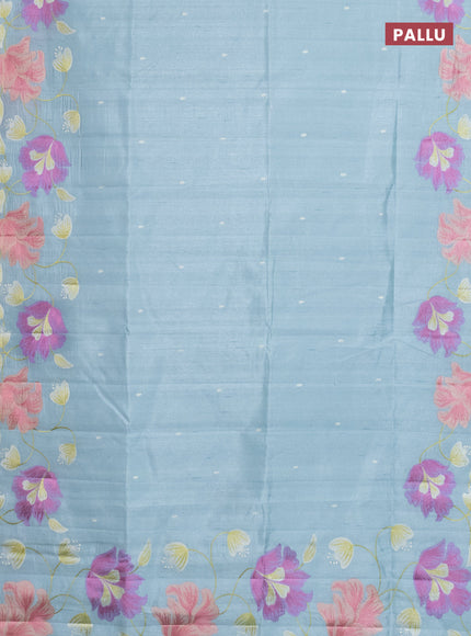 Semi raw silk saree pastel blue with embroidery work buttas and floral embroidery border