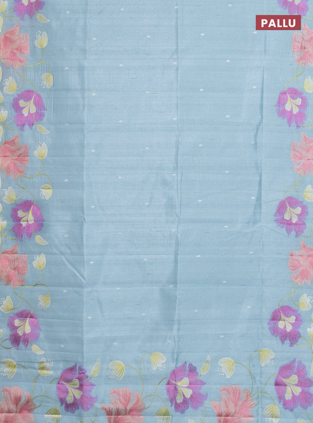 Semi raw silk saree pastel blue with embroidery work buttas and floral embroidery border