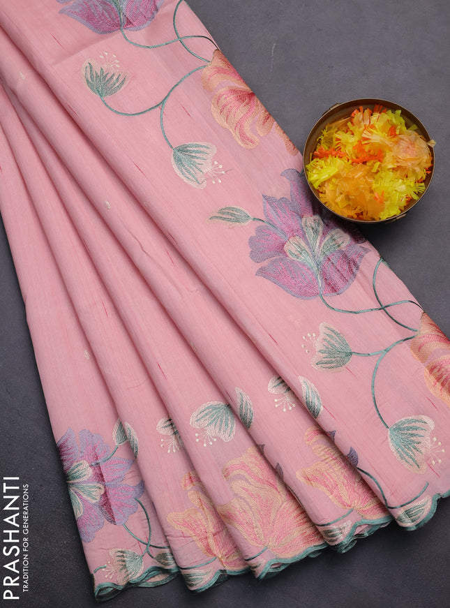 Semi raw silk saree peach shade with embroidery work buttas and floral embroidery border
