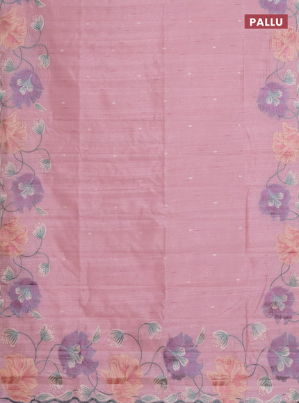 Semi raw silk saree peach shade with embroidery work buttas and floral embroidery border
