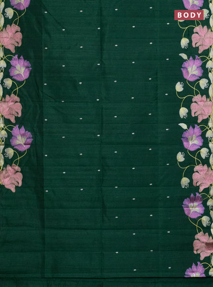 Semi raw silk saree bottle green with embroidery work buttas and floral embroidery border