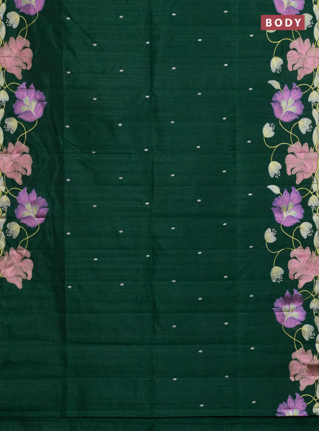 Semi raw silk saree bottle green with embroidery work buttas and floral embroidery border