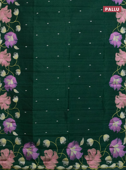 Semi raw silk saree bottle green with embroidery work buttas and floral embroidery border