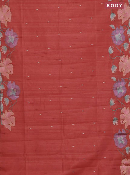 Semi raw silk saree rust shade with embroidery work buttas and floral embroidery border