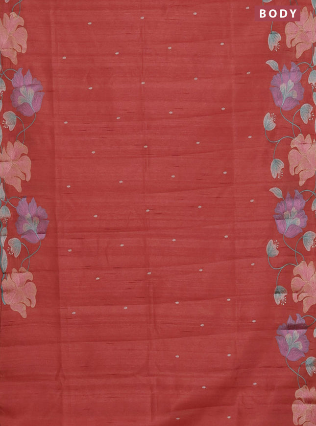 Semi raw silk saree rust shade with embroidery work buttas and floral embroidery border