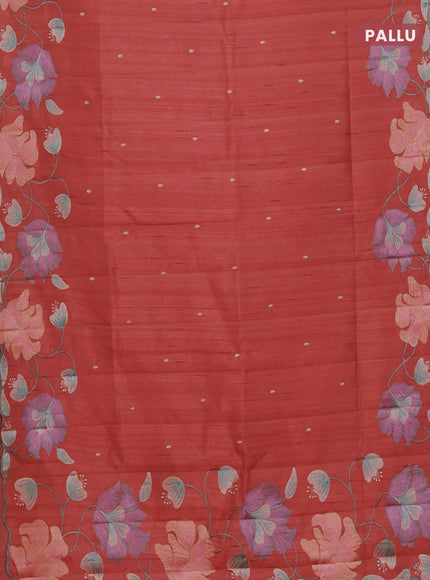 Semi raw silk saree rust shade with embroidery work buttas and floral embroidery border