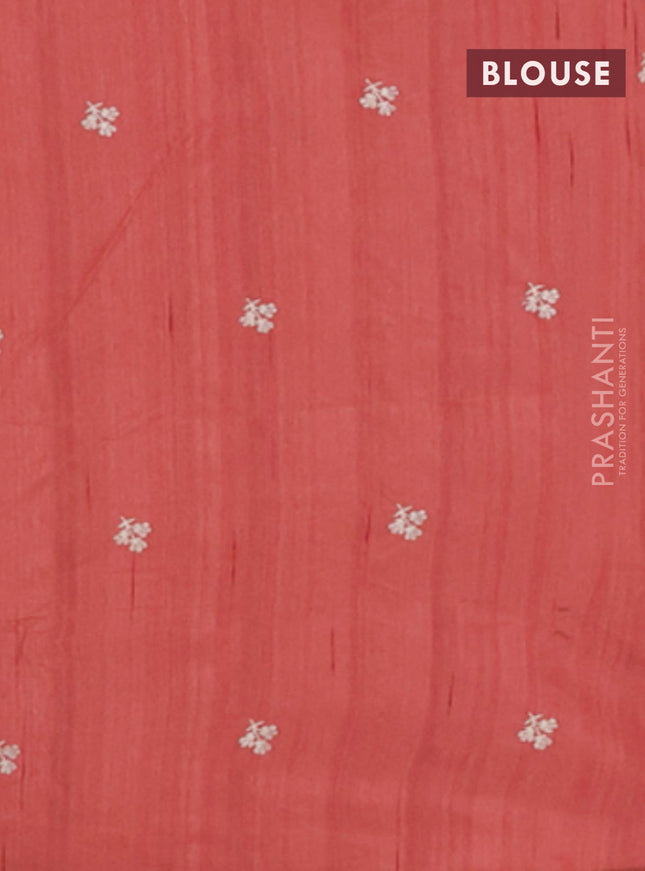 Semi raw silk saree rust shade with embroidery work buttas and floral embroidery border