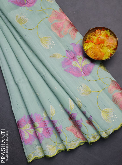 Semi raw silk saree pastel green with embroidery work buttas and floral embroidery border