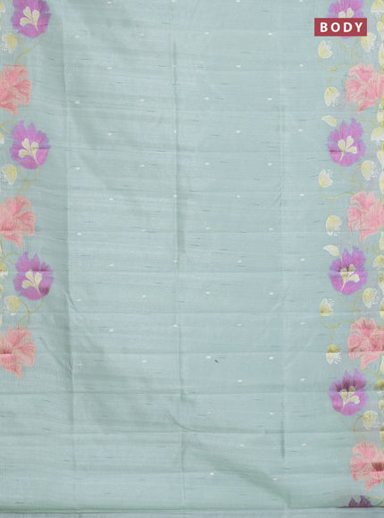 Semi raw silk saree pastel green with embroidery work buttas and floral embroidery border