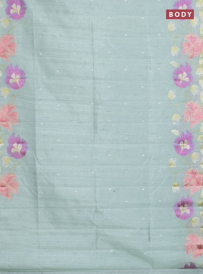 Semi raw silk saree pastel green with embroidery work buttas and floral embroidery border