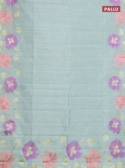 Semi raw silk saree pastel green with embroidery work buttas and floral embroidery border