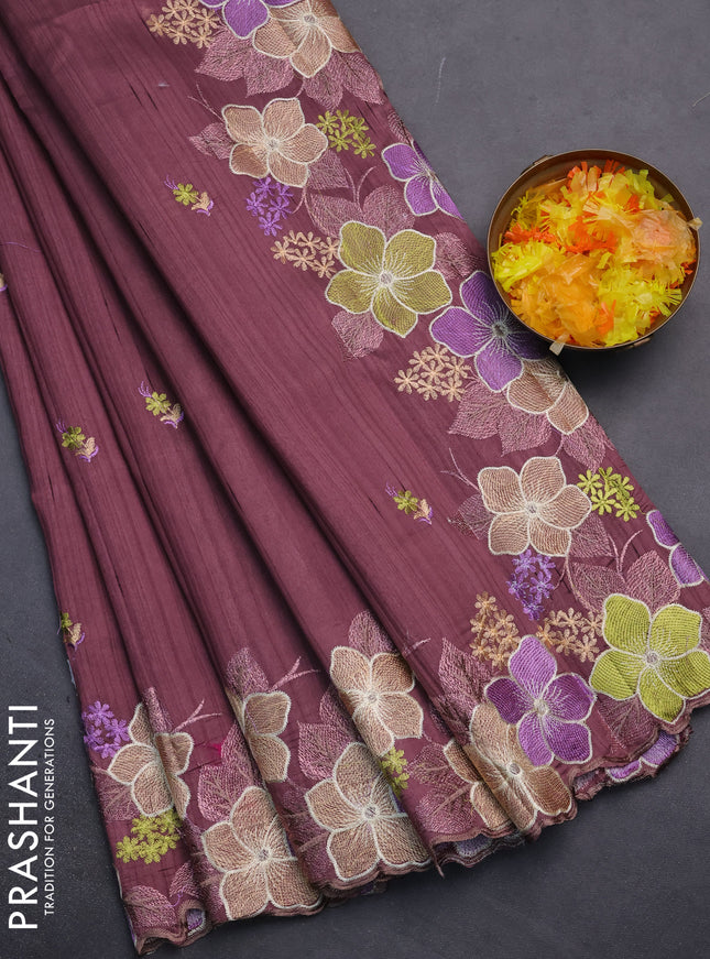 Semi raw silk saree rosy brown with embroidery work buttas and floral embroidery border