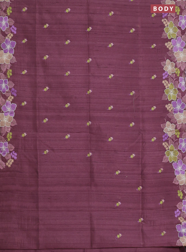 Semi raw silk saree rosy brown with embroidery work buttas and floral embroidery border