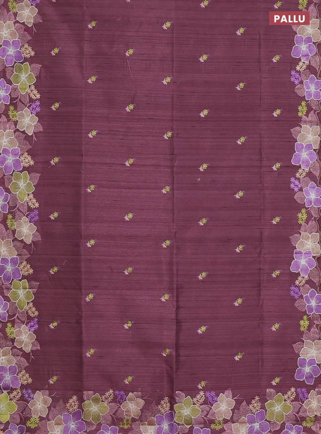 Semi raw silk saree rosy brown with embroidery work buttas and floral embroidery border