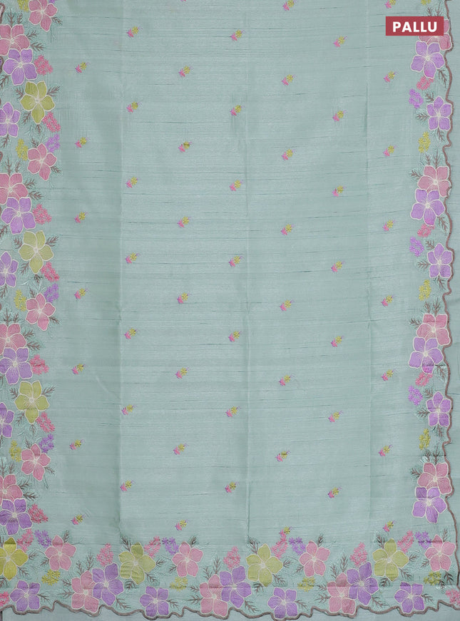 Semi raw silk saree pastel green with embroidery work buttas and floral embroidery border