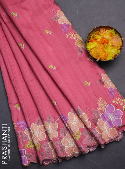 Semi raw silk saree pink with embroidery work buttas and floral embroidery border