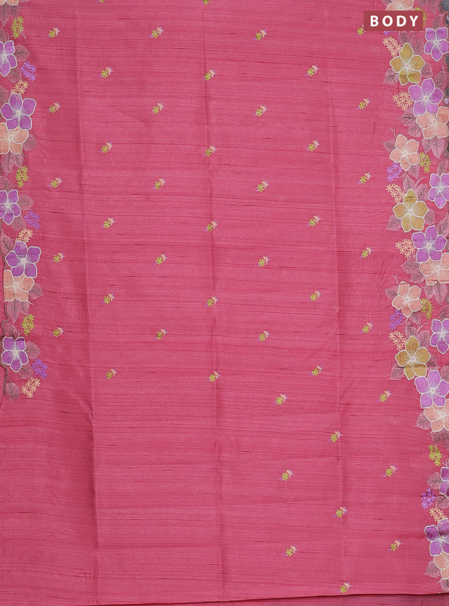 Semi raw silk saree pink with embroidery work buttas and floral embroidery border