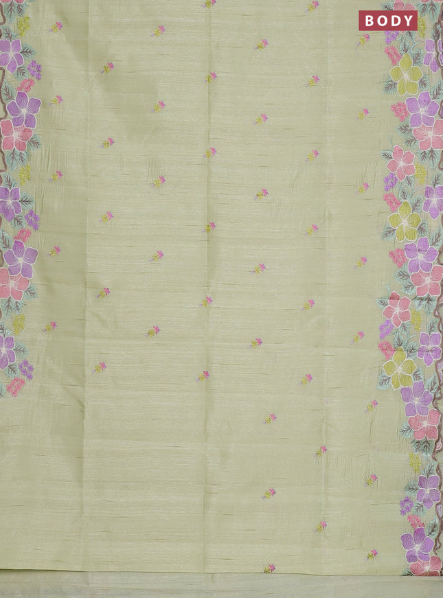 Semi raw silk saree pista green with embroidery work buttas and floral embroidery border