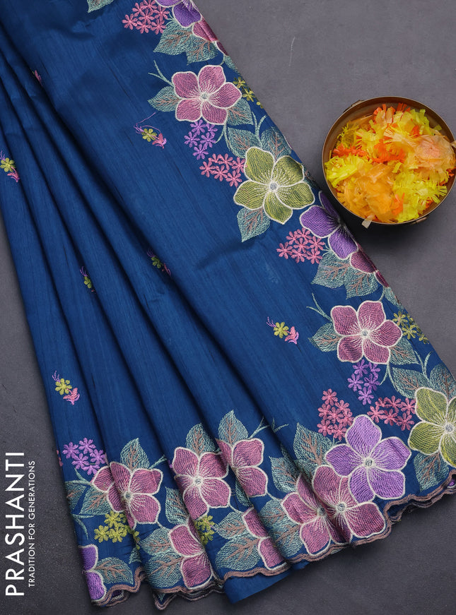 Semi raw silk saree peacock blue with embroidery work buttas and floral embroidery border