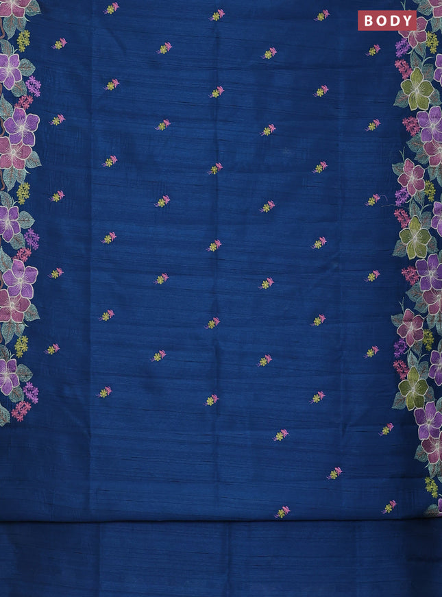 Semi raw silk saree peacock blue with embroidery work buttas and floral embroidery border