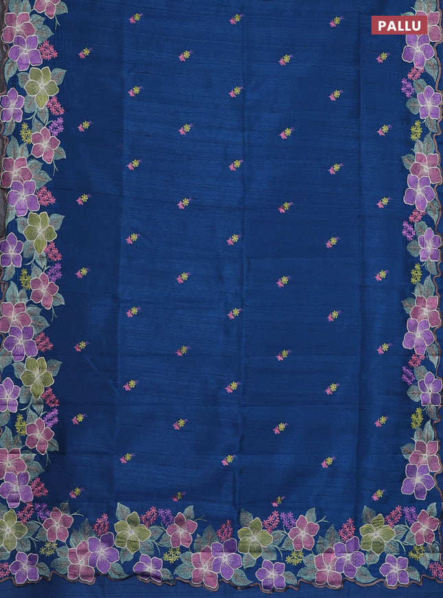 Semi raw silk saree peacock blue with embroidery work buttas and floral embroidery border