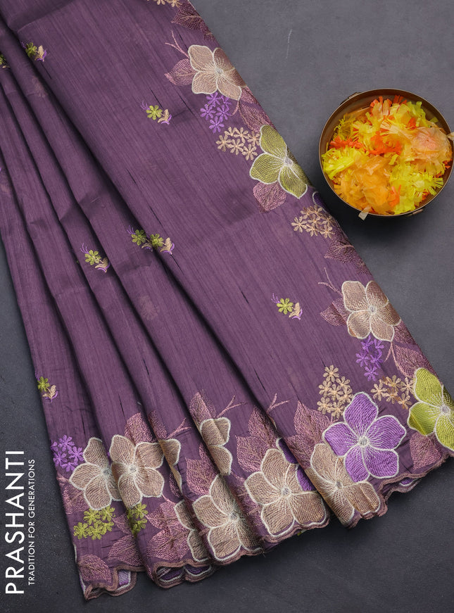 Semi raw silk saree pastel purple with embroidery work buttas and floral embroidery border