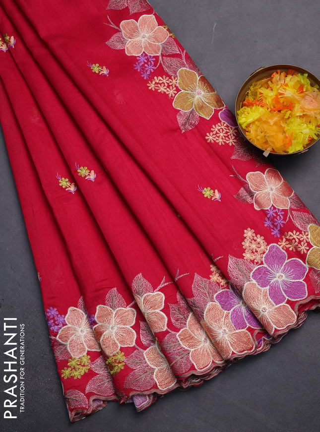 Semi raw silk saree dark pink with embroidery work buttas and floral embroidery border