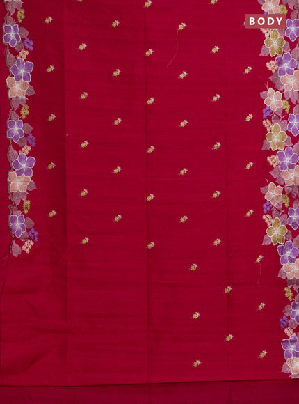 Semi raw silk saree dark pink with embroidery work buttas and floral embroidery border
