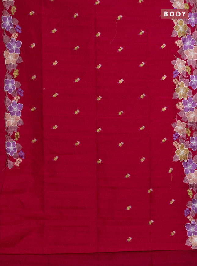Semi raw silk saree dark pink with embroidery work buttas and floral embroidery border